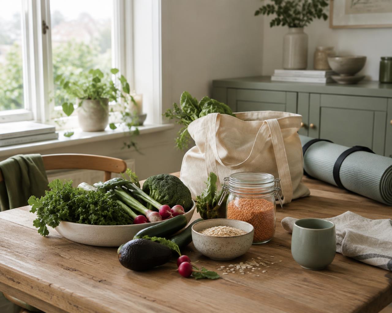 Grönsaker, linser och en yogamatta på ett köksbord i morgonljus